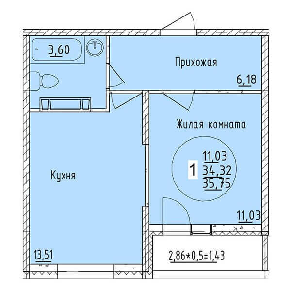 Квартира 35.75 м2 в ЖК Друг