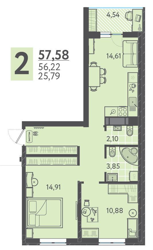 Квартира 57.58 м2 в ЖК Теплые края