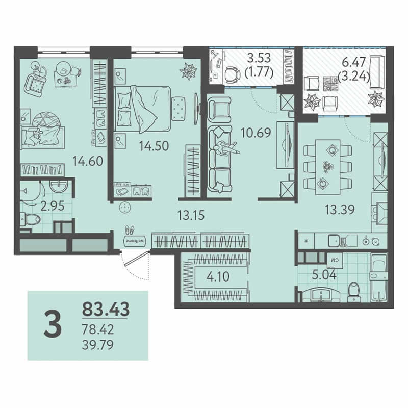 Квартира 83.43 м2 в ЖК Друзья