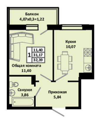 Квартира 32.39 м2 в ЖК Южные соседи