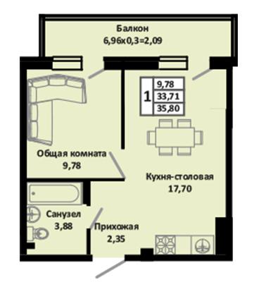 Квартира 35.80 м2 в ЖК Южные соседи