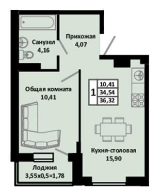 Квартира 36.32 м2 в ЖК Южные соседи