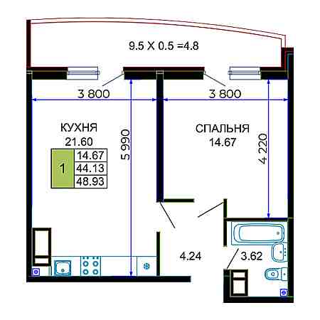 Квартира 48.93 м2 в ЖК Лучший