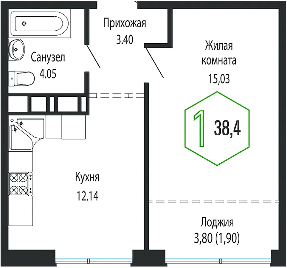 Квартира 38.40 м2 в ЖК Гарантия на обрывной
