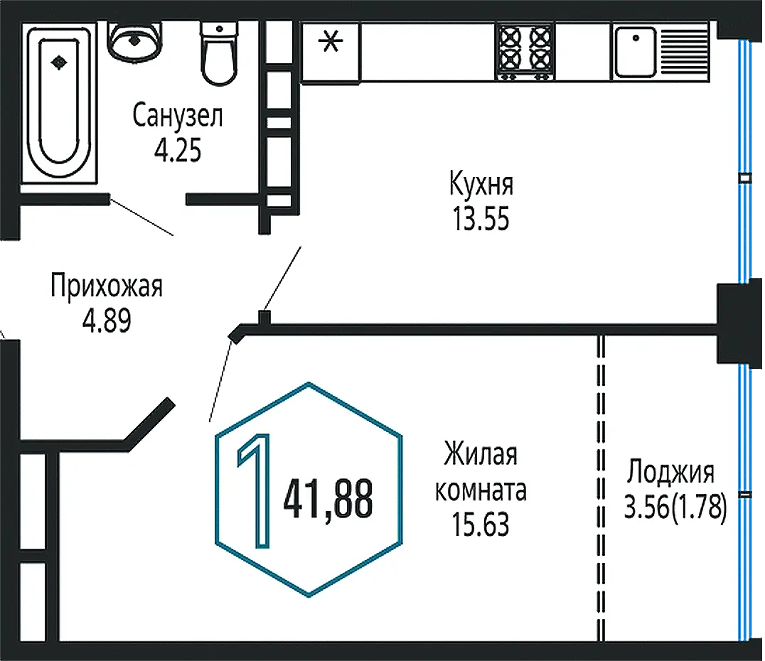 Квартира 41.88 м2 в ЖК Гарантия на обрывной