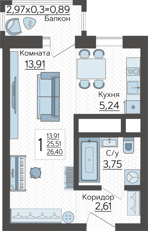 Квартира 26.40 м2 в ЖК Зеленодар