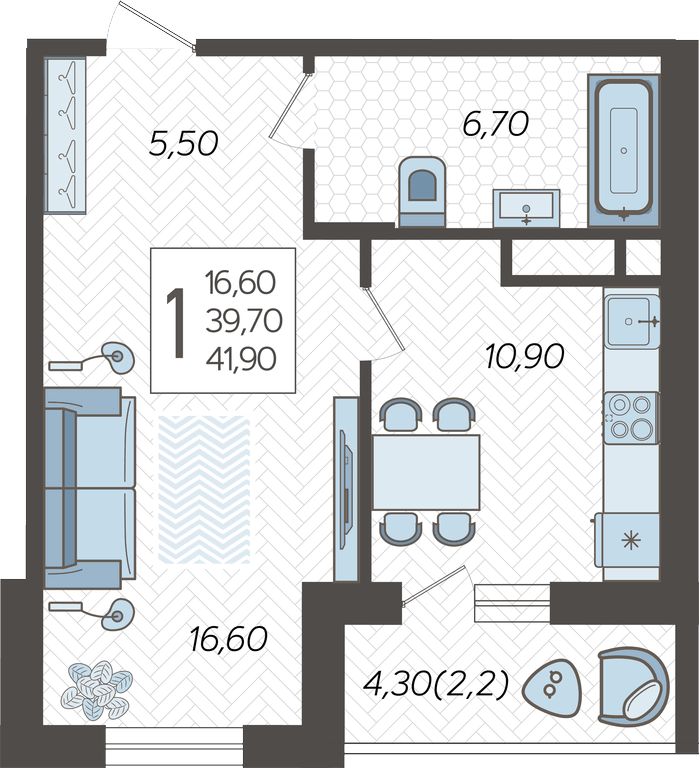 Квартира 41.90 м2 в ЖК Зеленодар