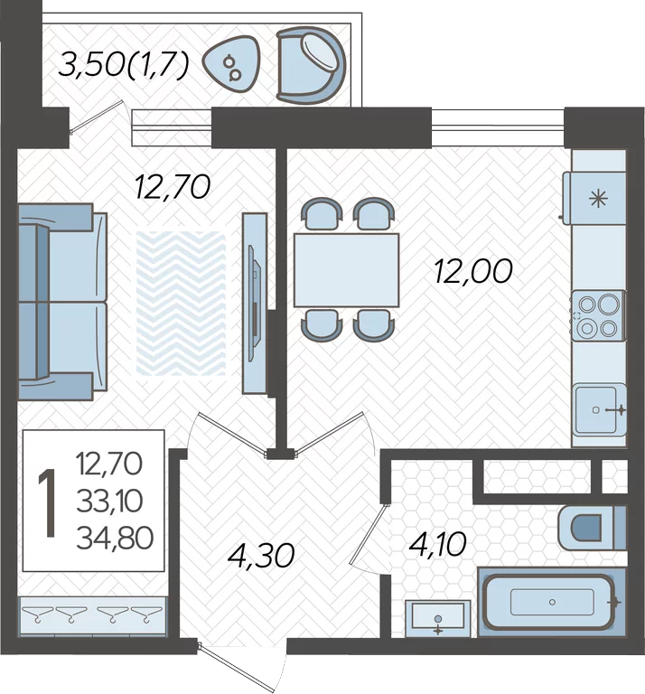 Квартира 34.80 м2 в ЖК Зеленодар