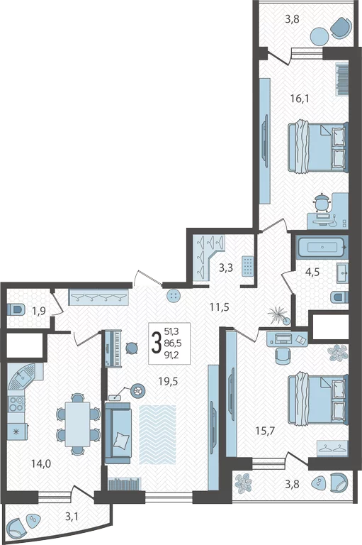 Квартира 91.20 м2 в ЖК Зеленодар