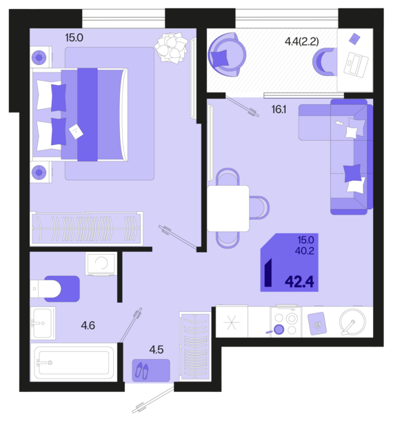 Квартира 42.40 м2 в ЖК Первое место