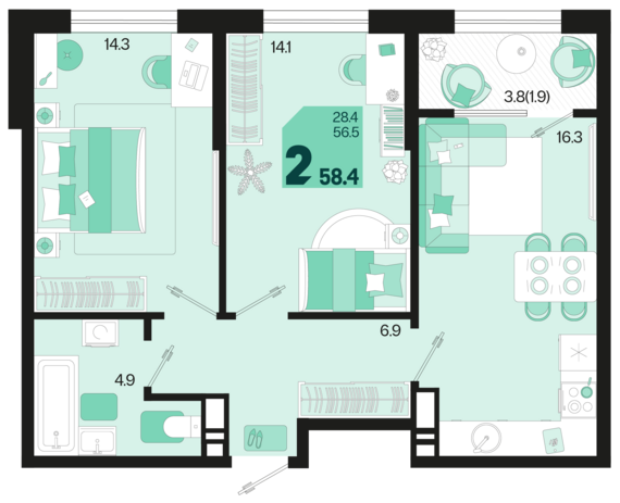 Квартира 59.50 м2 в ЖК Первое место